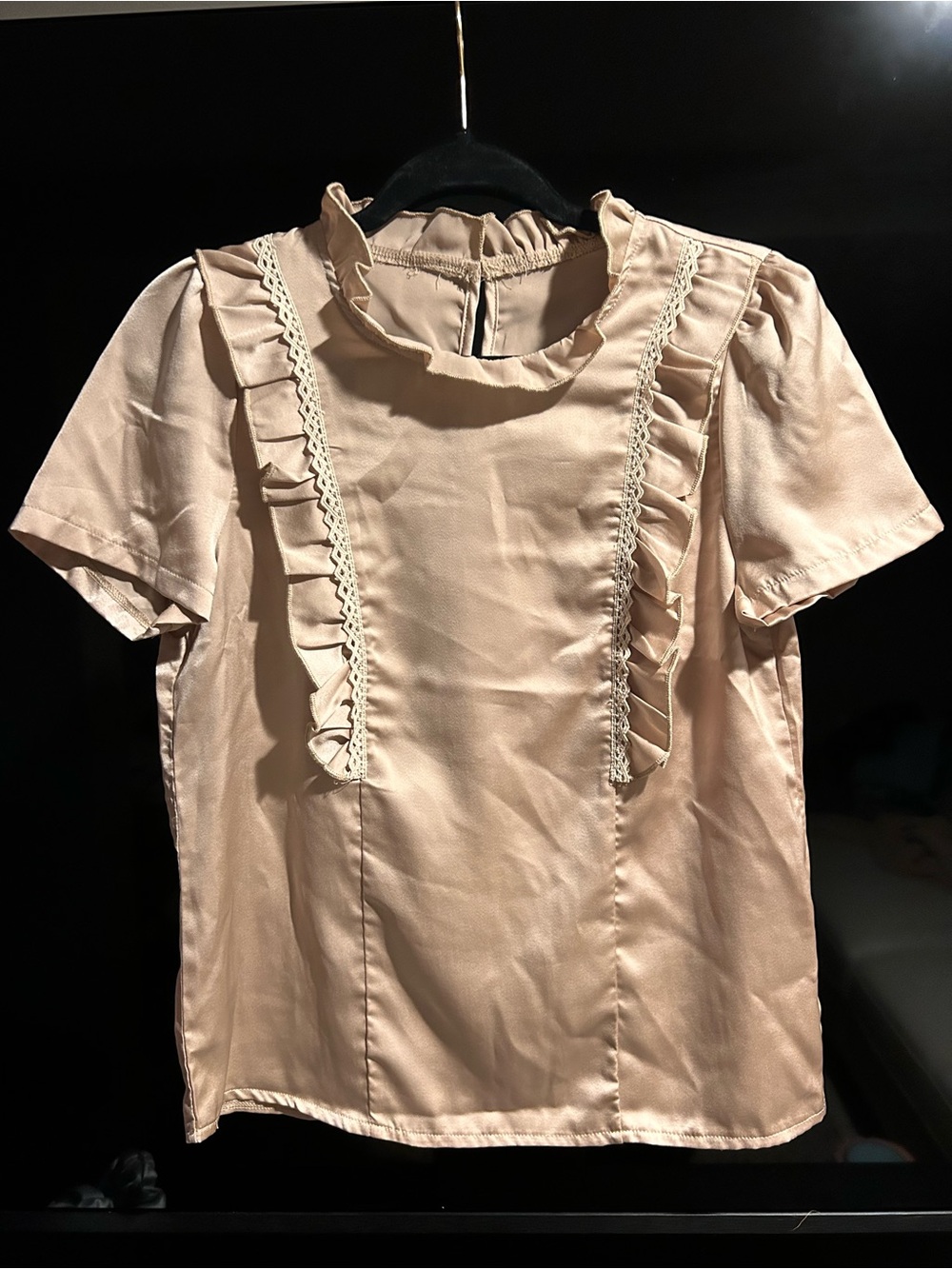 SHEIN Blush Ruffle & Lace Trim Short Sleeve Blouse